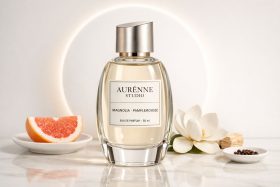 Butelka perfum Aurénne Studio Magnolia Pamplemousse na marmurowej powierzchni z kwiatem i grejpfrutem