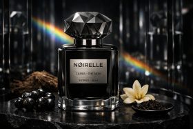 Czarna butelka perfum Noirelle z kryształową nakrętką na ciemnym tle z owocami i kwiatem