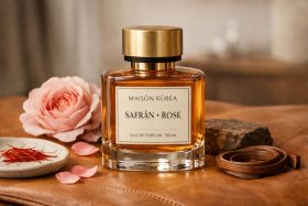 Butelka perfum Maison Rubea Safran Rose z złotą nakrętką na brązowej powierzchni