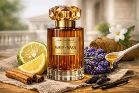 Butelka perfum Aurelia Privé Miele Naxa z naturalnymi składnikami wokół
