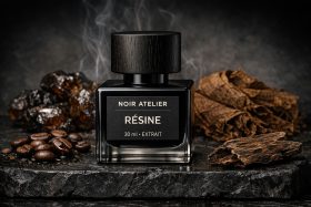 Czarna butelka perfum Noir Atelier Résine na kamiennej powierzchni z kawą i suszonymi liśćmi