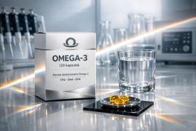 Opakowanie suplementu Omega-3 z kapsułkami i szklanką wody na stole laboratoryjnym