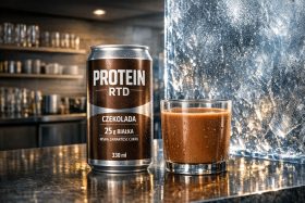 Puszka proteinowego napoju czekoladowego i szklanka z napojem na blacie