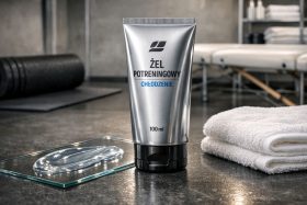 Srebrna tubka żelu potreningowego o chłodzącym działaniu na stole będąca przykładem na wizualizacje produktowe