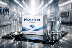 Opakowanie probiotyku z 30 kapsułkami i szklanka wody na metalowej powierzchni