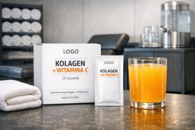 Opakowanie i saszetka suplementu kolagen z witaminą C oraz szklanka napoju