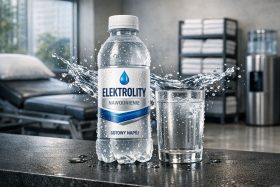 Butelka napoju elektrolitowego i szklanka wody na stole z rozpryskującą się wodą