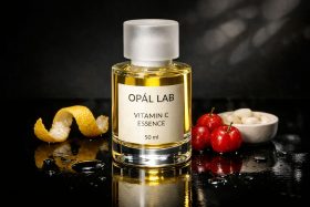Butelka serum witaminy C Opál Lab z cytrusową skórką i czerwonymi owocami na czarnym tle będąca przykładem na wizualizacje produktowe