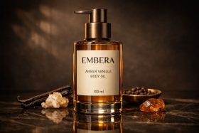 Butelka olejku do ciała Amber Vanilla z pompką na marmurowym blacie