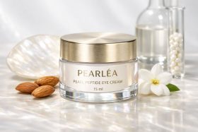 Słoik kremu pod oczy Pearléa z metalową zakrętką na jasnym tle z migdałami i kwiatem