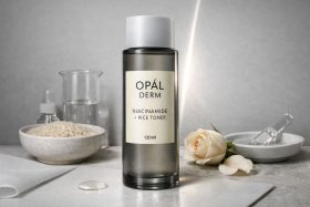 Butelka toniku Opál Derm z niacynamidem i ryżem na jasnym tle