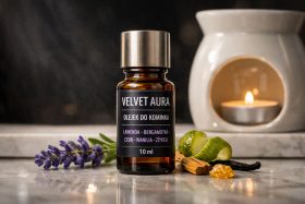 Butelka olejku do kominka Velvet Aura z lawendą i wanilią na marmurowej powierzchni