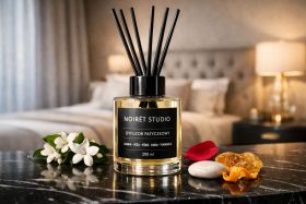 Szklany dyfuzor zapachowy z czarnymi patyczkami na marmurowym blacie będący przykładem na wizualizacje produktowe