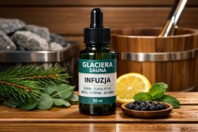 Butelka olejku eterycznego Glaciera Sauna Infuzja na drewnianym stole z cytryną i ziołami