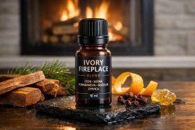 Butelka olejku eterycznego Ivory Fireplace na kamieniu z drewnem i przyprawami