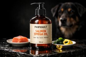 Butelka oleju omega z łososia z dozownikiem na tle psa i składników