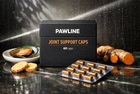 Opakowanie suplementu Pawline Joint Support Caps z kapsułkami i składnikami naturalnymi