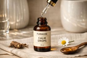 Brązowa butelka z kroplomierzem i etykietą Calm Drops na lnianym materiale