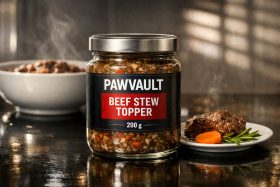 Słoik z karmą dla zwierząt Pawvault Beef Stew Topper 200 g na stole