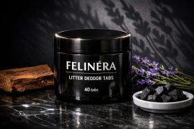 Czarny pojemnik z tabletkami do dezodoryzacji kuwety Felinéra