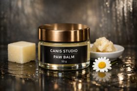 Słoik z balsamem do łap dla zwierząt z metalową pokrywką i kwiatem rumianku będący przykładem na wizualizacje produktowe