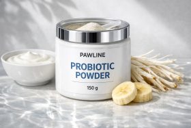 Biały słoik z proszkiem probiotycznym i plasterkami banana na marmurowej powierzchni