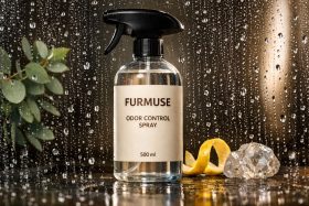 Przezroczysta butelka sprayu do kontroli zapachów z czarnym rozpylaczem