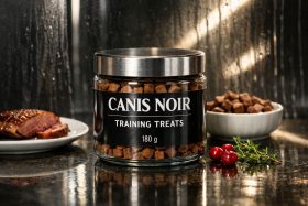 Słoik z przysmakami treningowymi dla psów Canis Noir 180 g na blacie kuchennym