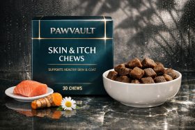Opakowanie suplementu dla zwierząt Pawvault Skin & Itch Chews z miseczką przysmaków i składnikami naturalnymi będące przykładem na wizualizacje produktowe