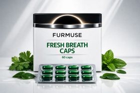 Opakowanie kapsułek Fresh Breath Caps z zielonymi kapsułkami i liśćmi mięty