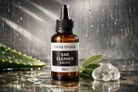 Brązowa butelka kropli do czyszczenia uszu 50 ml z pipetą na mokrej powierzchni