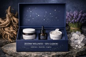 Zestaw wellness z olejkiem, solą magnezową i mieszanką waleriany z lawendą w granatowym pudełku