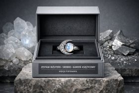 Srebrny pierścionek z kamieniem księżycowym w szarej eleganckiej szkatułce