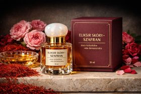 Butelka eliksiru skóry szafran z marmurową zakrętką i bordowe opakowanie na kamiennym blacie