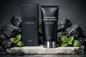 Czarna pasta do zębów z węglem aktywnym i miętą japońską na tle węgla i liści mięty