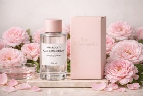 Butelka hydrolatu róży damasceńskiej z różowym korkiem i pudełko na tle róż