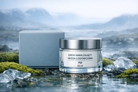 Słoik kremu nawilżającego z wodą lodowcową i algami na tle gór i wody