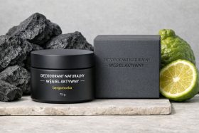 Czarny słoik i pudełko dezodorantu naturalnego z węglem aktywnym i bergamotką