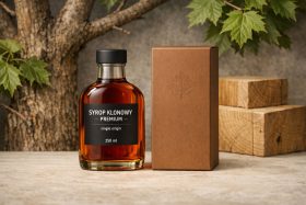 Butelka syropu klonowego 250 ml z czarną etykietą i brązowe opakowanie z liściem klonu