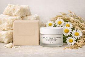 Słoik kremu regenerującego z masłem shea i opakowanie na tle kwiatów rumianku i owsa