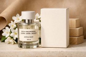 Butelka perfum z jasnym korkiem i etykietą obok białego pudełka na kamiennym blacie