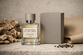 Butelka perfum z beżową nakrętką i szara pudełko na kamiennym tle