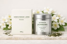 Puszka i pudełko z herbatą jaśminową na tle kwiatów jaśminu