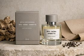 Perfumy niszowe Irys Skóra Ambretta w szklanej butelce i szarej pudełku