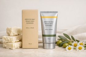 Krem do rąk z masłem shea i rumiankiem w tubce i opakowaniu z oliwkami i kwiatami