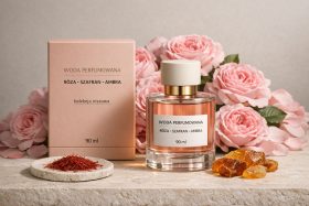 Perfumowana woda różana z szafranem i ambrą w szklanej butelce z pudełkiem