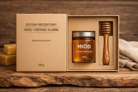 Zestaw prezentowy z naturalnym miodem i drewnianą łyżką do miodu