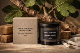 Świeca zapachowa Drzewo Figowe w szklanym słoju obok kartonowego opakowania