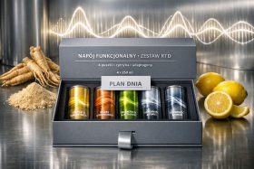 Zestaw czterech puszek napoju funkcjonalnego o różnych właściwościach w eleganckim opakowaniu