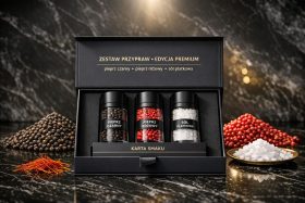 Zestaw przypraw w eleganckim pudełku z pieprzem czarnym, różowym i solą płatkową
